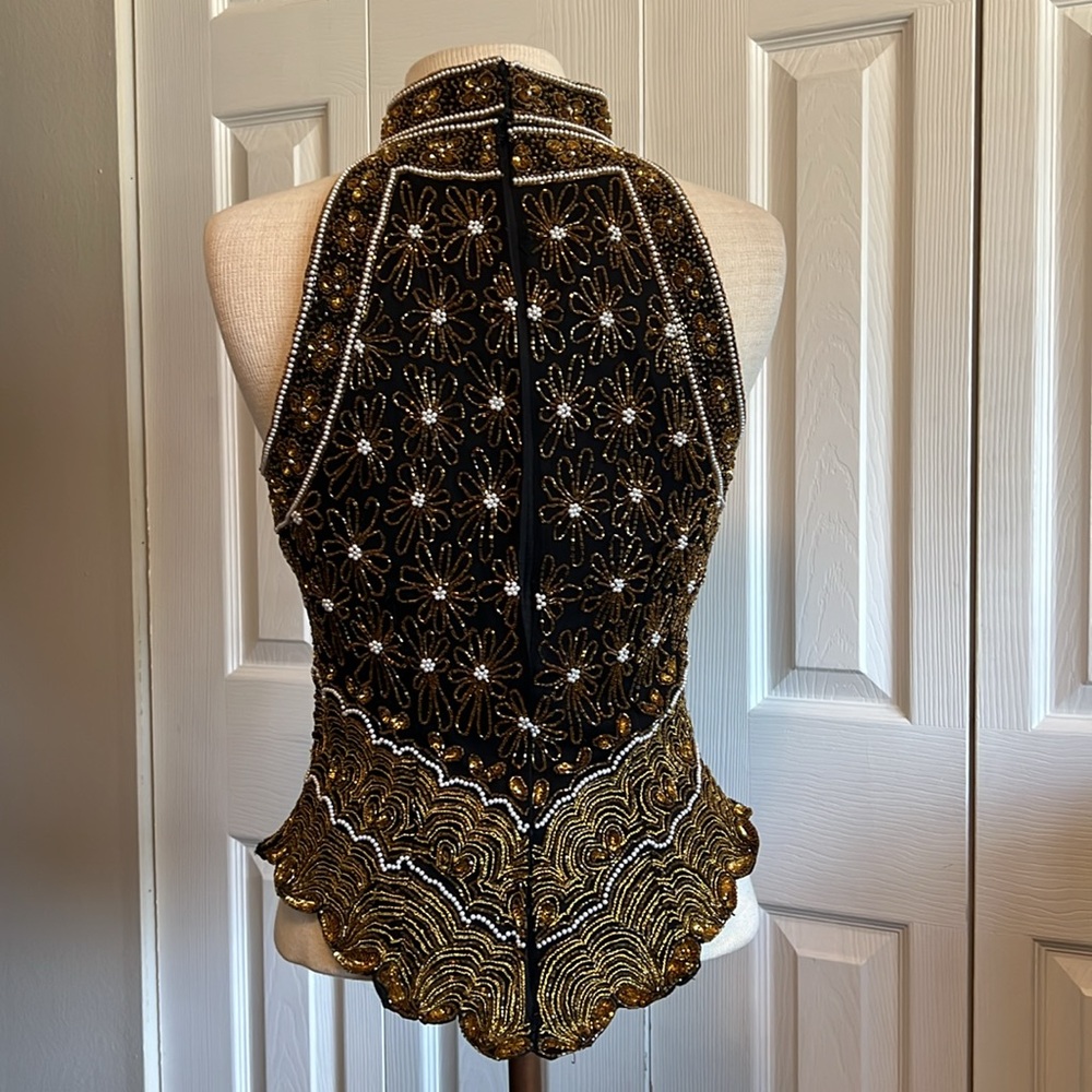 Papell Boutique Silk Embellished Black Sleeveless Halter Neck Top Size Large - Picture 9 of 16